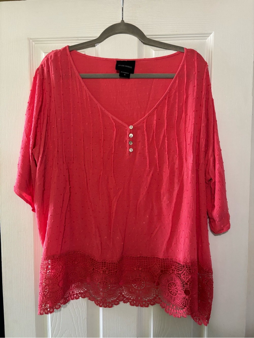 Liv Los Angeles Women's Coral Pink Lace-Hem V-Neck Top